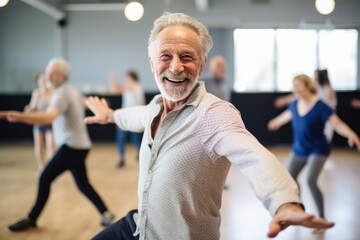 Fototapeta na wymiar An elderly man, happily smiling, participating in an energetic dance class during a dance session.