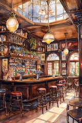 Fototapeta na wymiar Watercolor drawing of the interior of a bar. Generative AI.