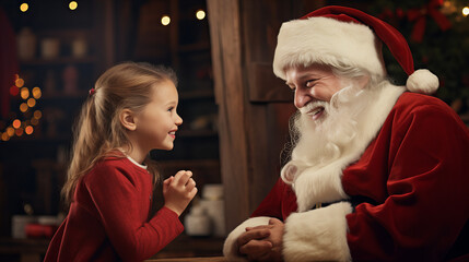 smiling santa claus talking to a little girl 