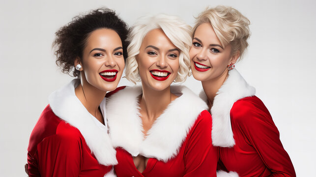 three, smiling women dressed as santa claus on white background