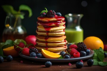 Pancake stacks adorned with vibrant fruits and syrup, bathed in warm.