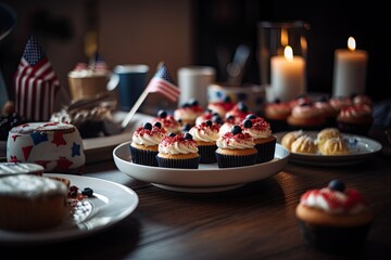 USA Independence Day. Festive desserts. Flag-shaped cakes and colorful cupcakes. Culinary delights associated with the holiday. Generative AI.