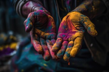 Fototapeta na wymiar A close-up of a person's colorful hands covered in powdered colors, capturing the textures and patterns. Holi celebration.