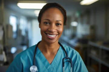 A portrait of a dedicated nurse in full uniform, looking confidently into the camera with a warm smile, showcasing the compassionate care provided by healthcare workers. - obrazy, fototapety, plakaty