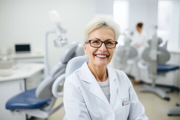 A middle age woman dentist in a medical office with an equipment, wearing white coat, with a caring and empathetic expression, showcasing her dedication to patient care.