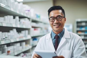 A portrait of an Asian American pharmacist wearing a lab coat, exuding professionalism and expertise, taken in a pharmacy, emphasizing the essential role of pharmacists in healthcare. - Powered by Adobe