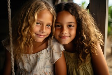 Fototapeta premium Two young sisters, one with South American roots and the other with European ancestry, sitting together on a rustic porch swing, highlighting their unique familial connection and individual beauty.