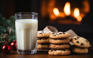 A glass of the milk and cookies for Santa Claus near the fireplace