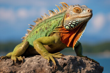 Fototapeta premium A pet iguana on a rock, focus on the skin and eyes