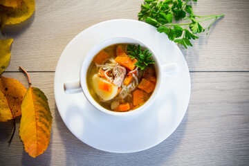 Autumn soup with chicken, noodles and autumn vegetables in a bowl .