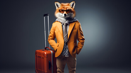 A fox has packed her suitcase and is ready to travel to some exotic destination. Minimal travel concept. Time for summer.