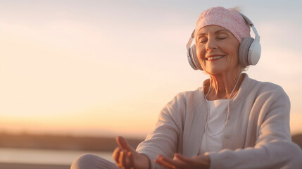 elderly person in relaxing position while listening to soothing music in a beautiful sunset, IA Generative AI