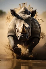 Fotobehang A rhino charging, action shot, high-speed photography. Vertical photo © Nino Lavrenkova