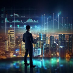 A businessman confidently holds an investment finance chart, symbolizing stock market business and financial growth, utilizing digital analysis and virtual technology to ensure success in the economy.