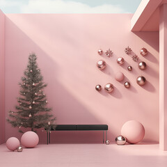Christmas Decorations by a Pink Wall, Generative AI