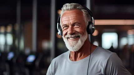 Foto auf Alu-Dibond elderly person in the gym in a relaxing position while listening to relaxing music in a beautiful sunset, IA Generative AI © marcos