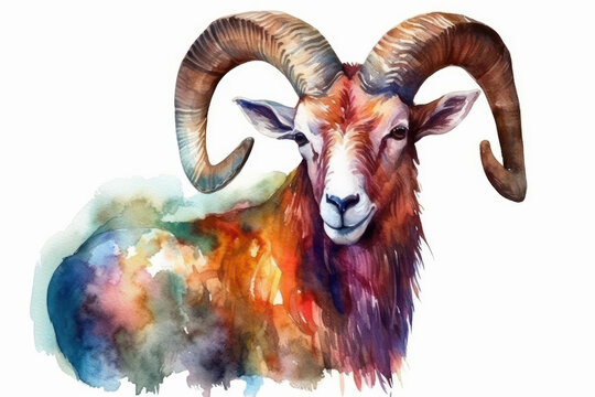 Watercolor drawing of a Pyrenean goat. Generative AI.