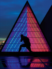 Man, geometric shapes, set against an urban backdrop, evening city lights, vibrant neon glow