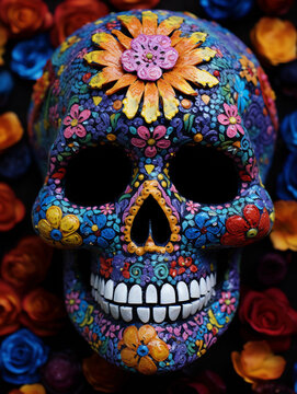 Dia de los Muertos, Mexico City, sugar skulls morphing into pointillist paintings, flower altars, magical realism