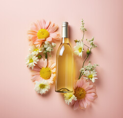 A bottle of wine in flowers, on a pink background in pastel colors with copy space, for wedding,...
