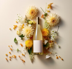A bottle of wine in flowers, on a yellow  background in pastel colors. Top view with a meta place for text with copy space, for wedding, anniversary, greeting card. Advertising photo.