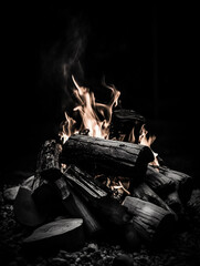 black and white image of a campfire, focus on the geometry of the flames and wood, stark shadows, minimalist