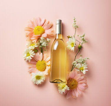 A bottle of wine in flowers, on a pink background in pastel colors with copy space, for wedding, anniversary, greeting card. Top view with a meta for text. Advertising photo. 