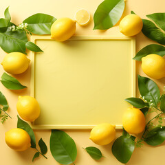 Frame made of  lemons and leaves on yellow background.  Natural fruit cocept. Copy space.