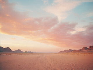 Muted pastel palette of desert sunset, blending sky with sand, soft gradient, romantic and tranquil