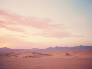 Fototapeta na wymiar Muted pastel palette of desert sunset, blending sky with sand, soft gradient, romantic and tranquil