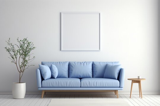 a blue couch and a plant in a room