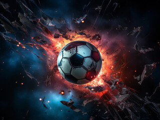 Soccer ball morphing into a black hole, pulling in energy, vibrant nebula, intense and surreal
