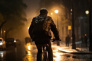 Fototapeta premium Cyclist riding through city streets at rainy evening.