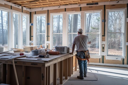 A Construction Worker Mason In The Ongoing Remodeling Of A Spacious Kitchen With Windows To The Outside. 