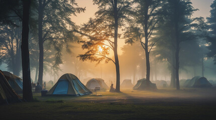 misty morning in a campground, soft focus, tents and trees fading into the fog, dreamy pastels