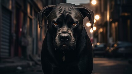 Angry big dog on a dark city street. Generation AI - obrazy, fototapety, plakaty