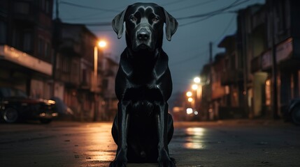 Angry big dog on a dark city street. Generation AI