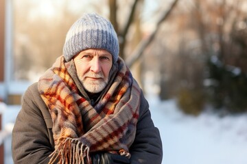 A senior man wrapped up in a scarf and hat during winter.