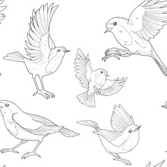 Seamless pattern of graphic sketches of Robin bird