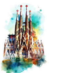 Watercolor drawing of the Sagrada Familia cathedral in Barcelona. Generative AI.