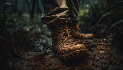 One person hiking in the forest with dirty hiking boots generated by AI - obrazy, fototapety, plakaty