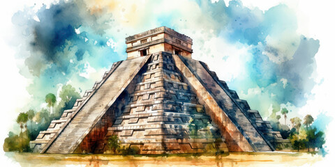 Watercolor drawing of the Chichen Itza monument of the Mayans. Generative AI. - obrazy, fototapety, plakaty