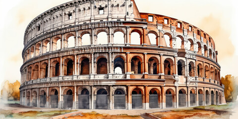 Naklejka premium Watercolor drawing of the coliseum in Rome. Generative AI.
