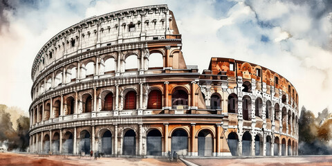 Naklejka premium Watercolor drawing of the coliseum in Rome. Generative AI.