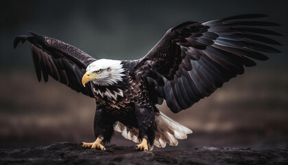 Obraz premium Majestic bald eagle spreads wings in mid air, symbol of freedom generated by AI