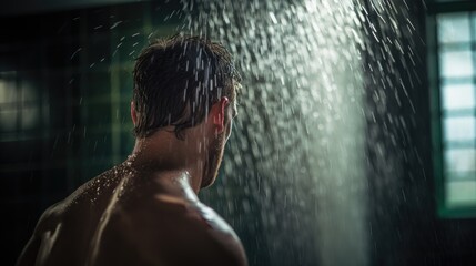 man taking a shower, view from behind, back