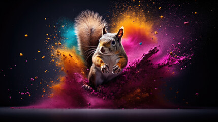 squirrel in colorful powder paint explosion, dynamic