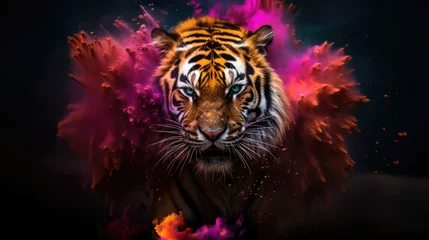 Zelfklevend Fotobehang tiger in colorful powder paint explosion, dynamic © Zanni
