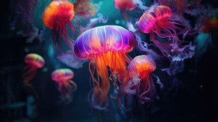 jellyfish in colorful powder paint explosion, dynamic