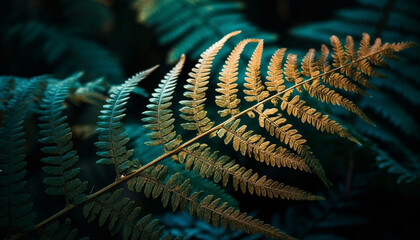 Fresh fronds in vibrant green, a tropical rainforest abstract beauty generated by AI